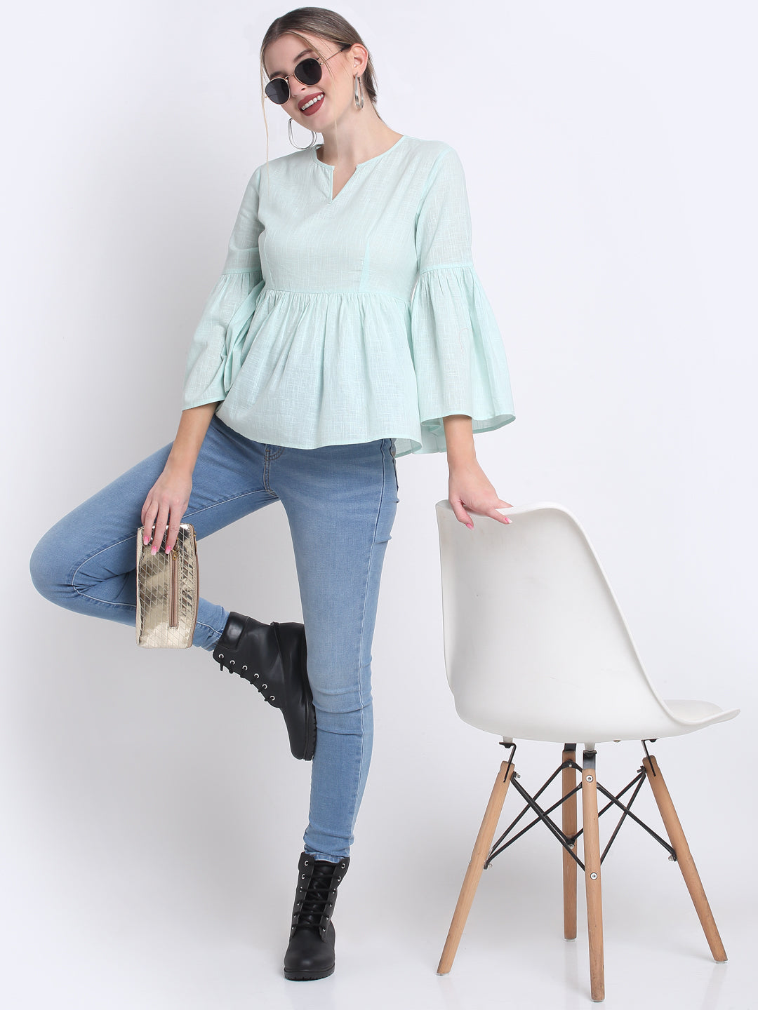 Aqua Cotton Button Down Top