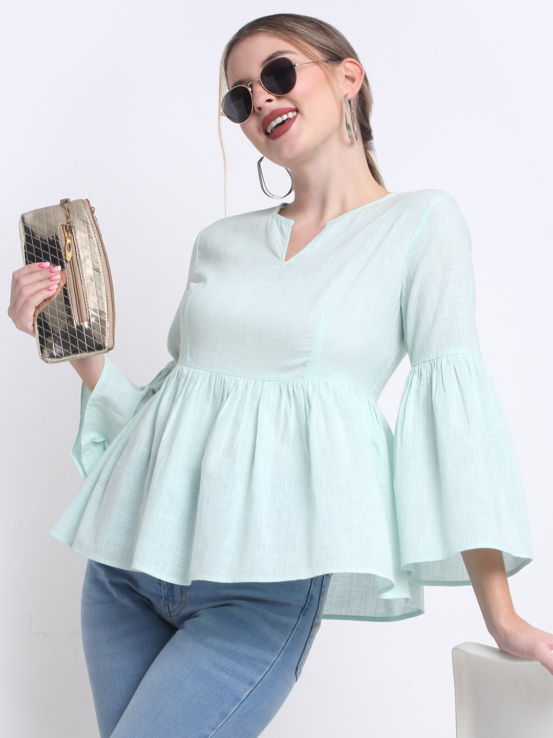 Aqua Cotton Button Down Top