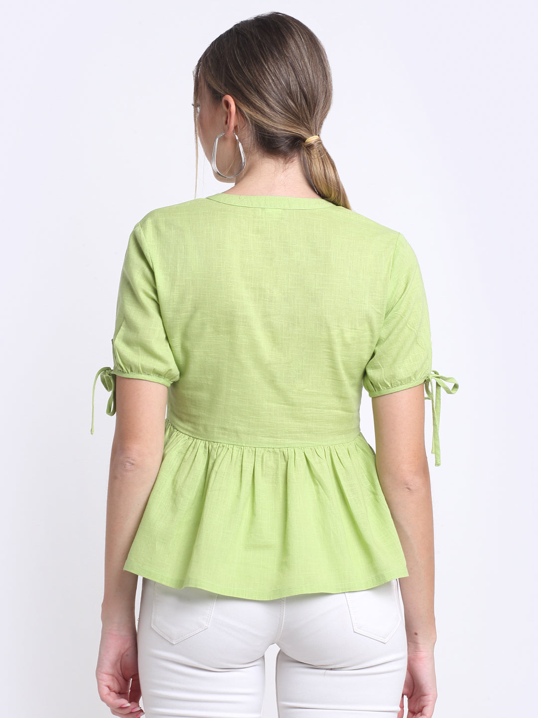 Green Slub Cotton Button Down Top