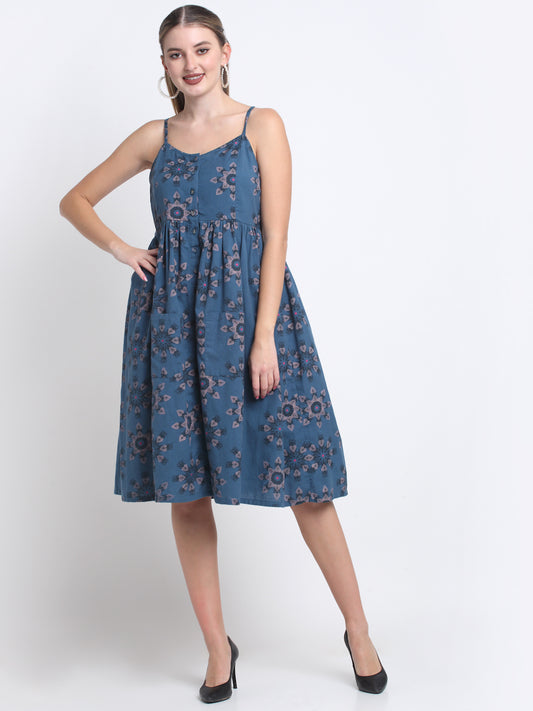 Teal Floral Cotton Knee Length Midi Dress