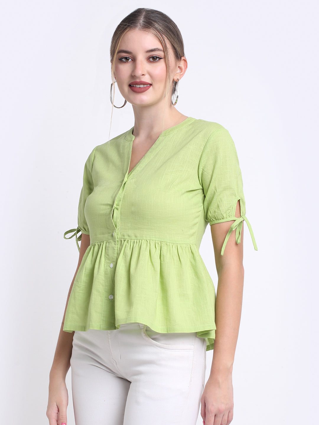 Green Slub Cotton Button Down Top