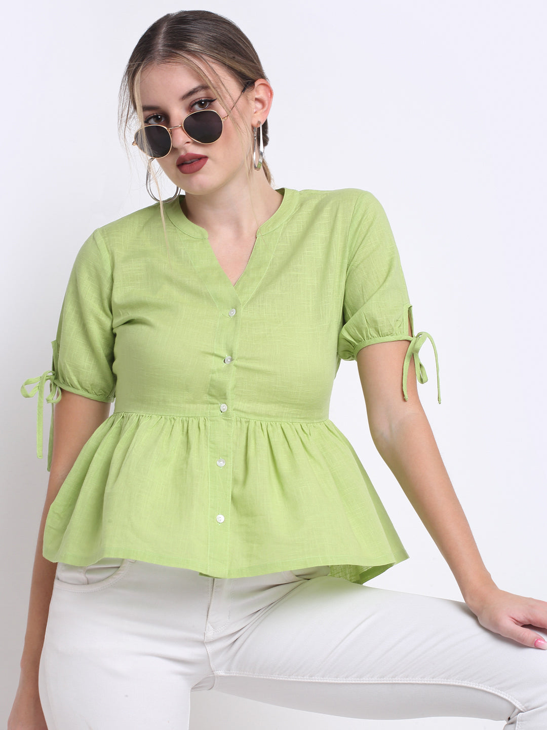 Green Slub Cotton Button Down Top