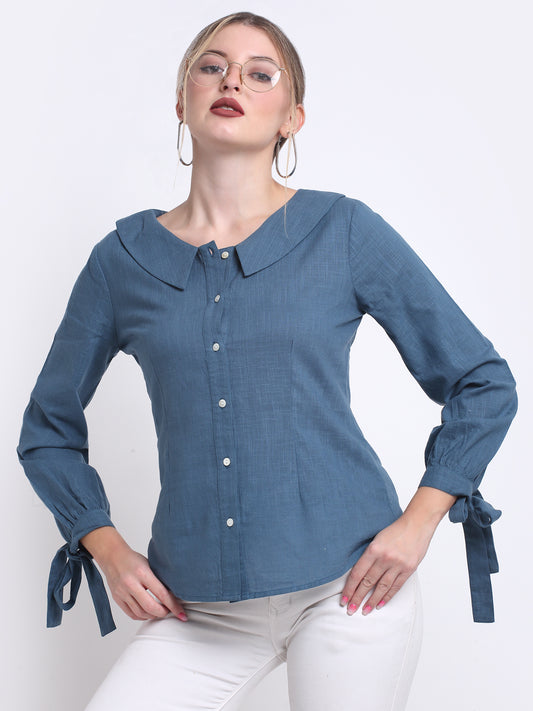 Teal Solid Tunic Collar Shirt