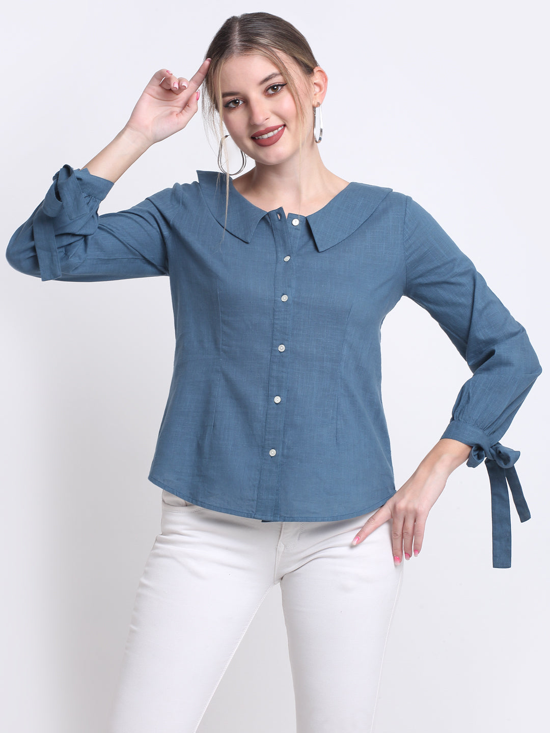 Teal Solid Tunic Collar Shirt