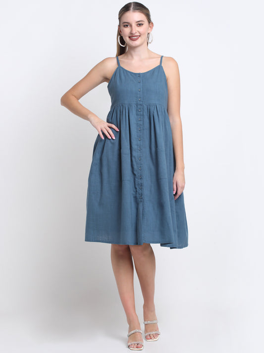 Teal Solid Cotton Knee Length Midi Dress