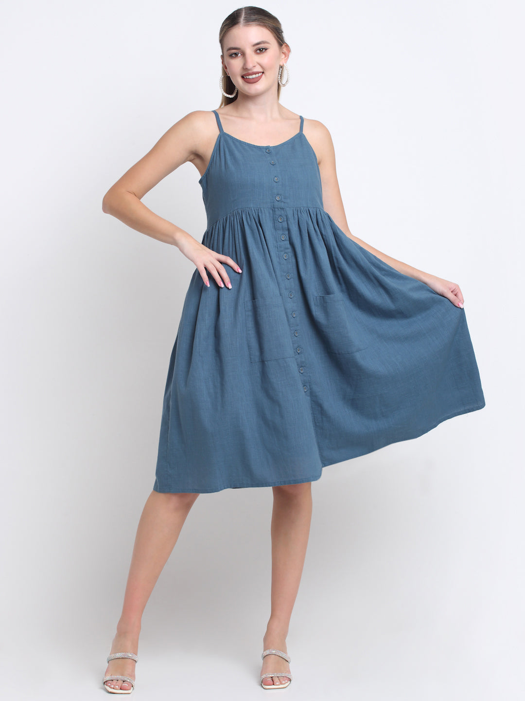 Teal Solid Cotton Knee Length Midi Dress