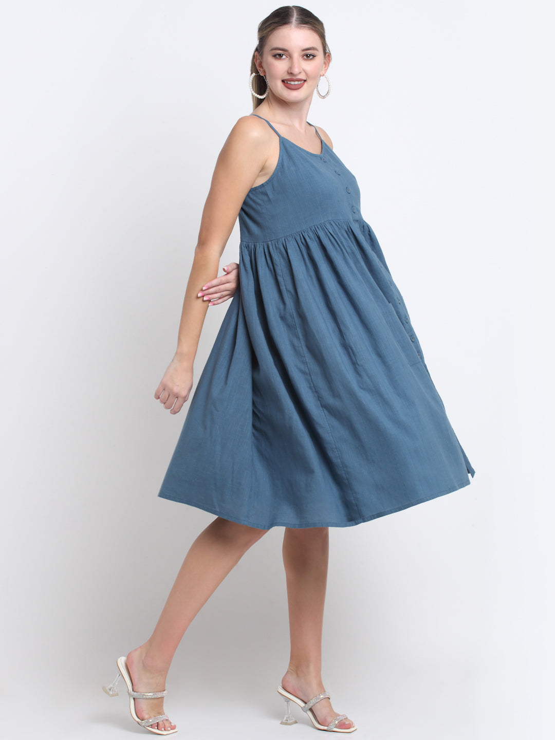 Teal Solid Cotton Knee Length Midi Dress