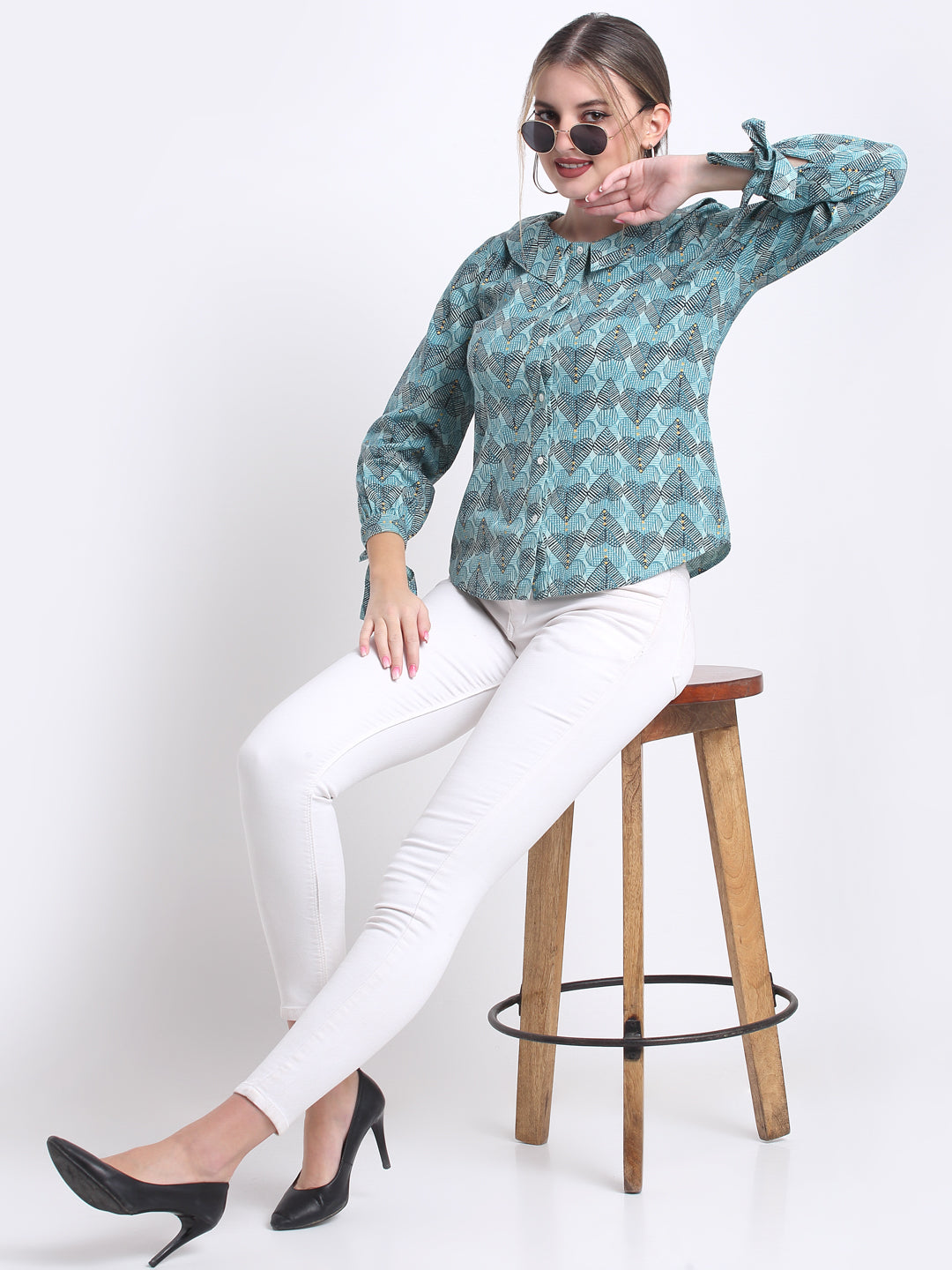 Aqua Heart Tunic Collar Shirt