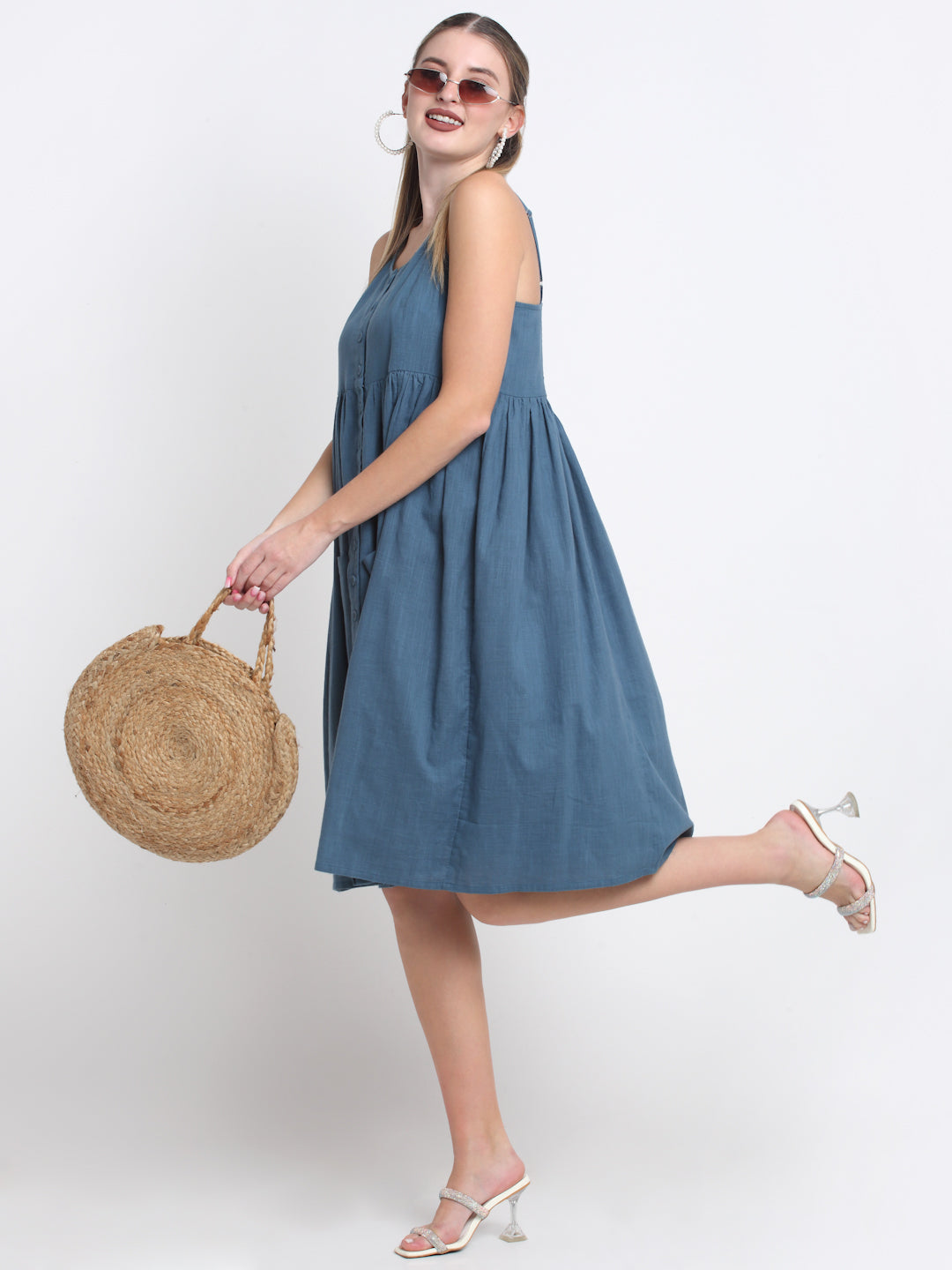 Teal Solid Cotton Knee Length Midi Dress