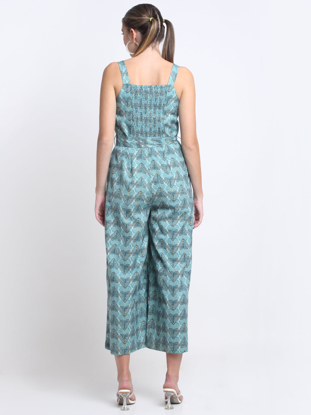 Blue Cotton Linen Printed Jumpsuit