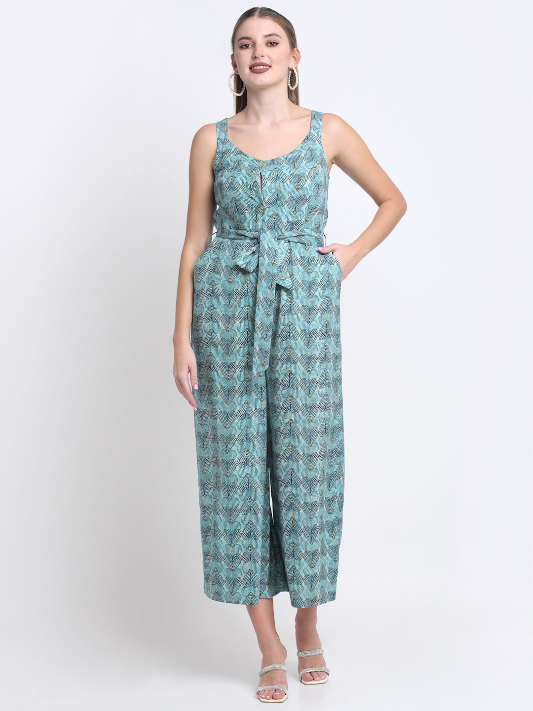 Blue Cotton Linen Printed Jumpsuit