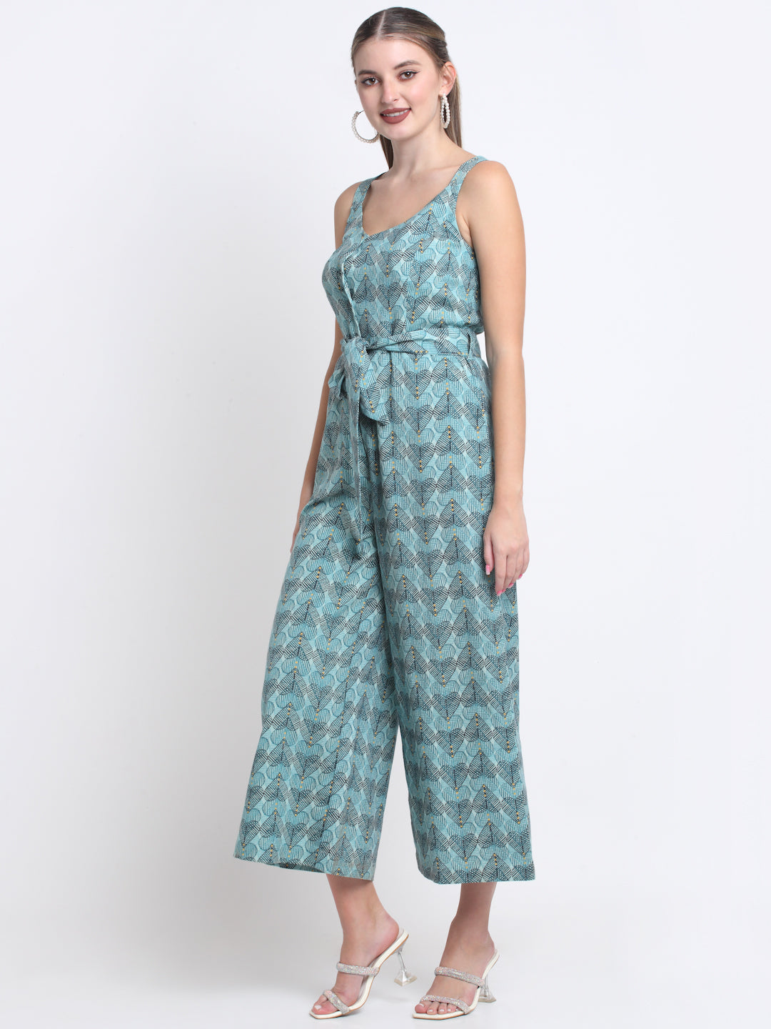 Blue Cotton Linen Printed Jumpsuit