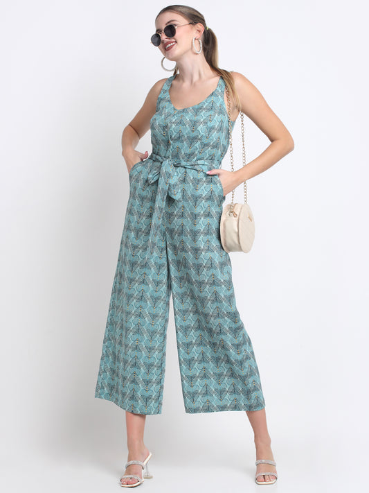 Blue Cotton Linen Printed Jumpsuit