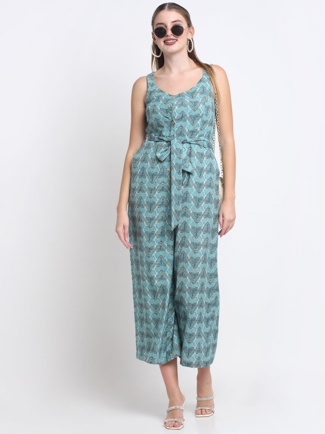 Blue Cotton Linen Printed Jumpsuit