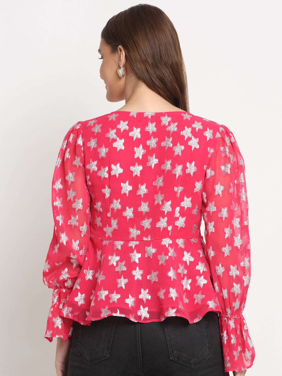 Fuschia Long Sleeve V Neck Lurex Crop Tops