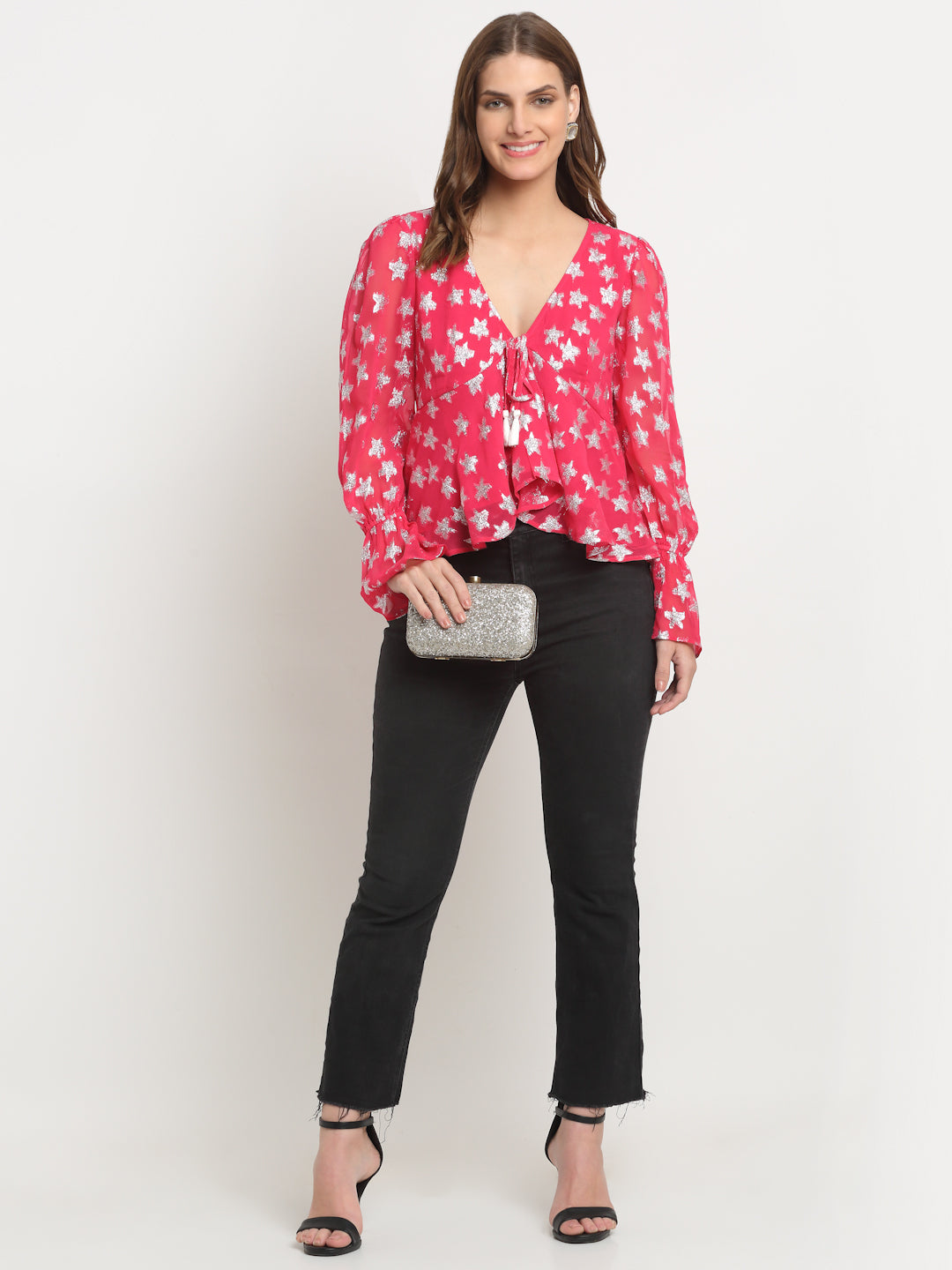 Fuschia Long Sleeve V Neck Lurex Crop Tops