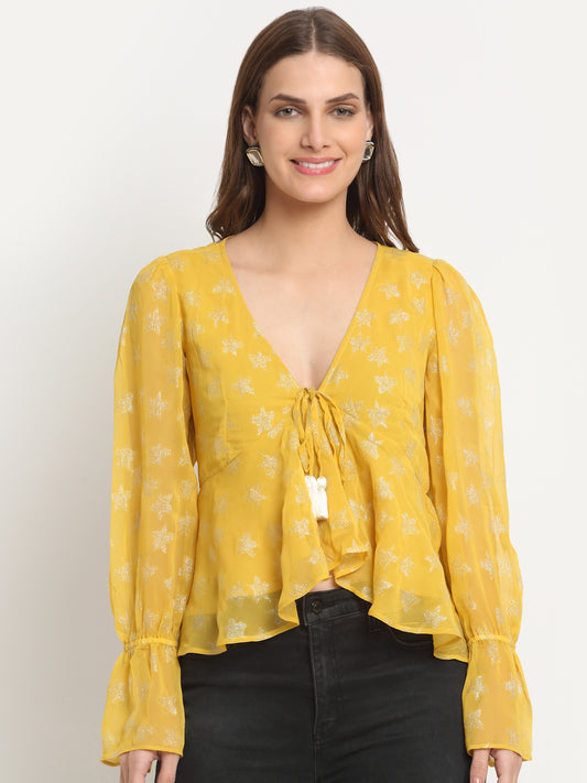 Yellow Long Sleeve V Neck Lurex Crop Tops