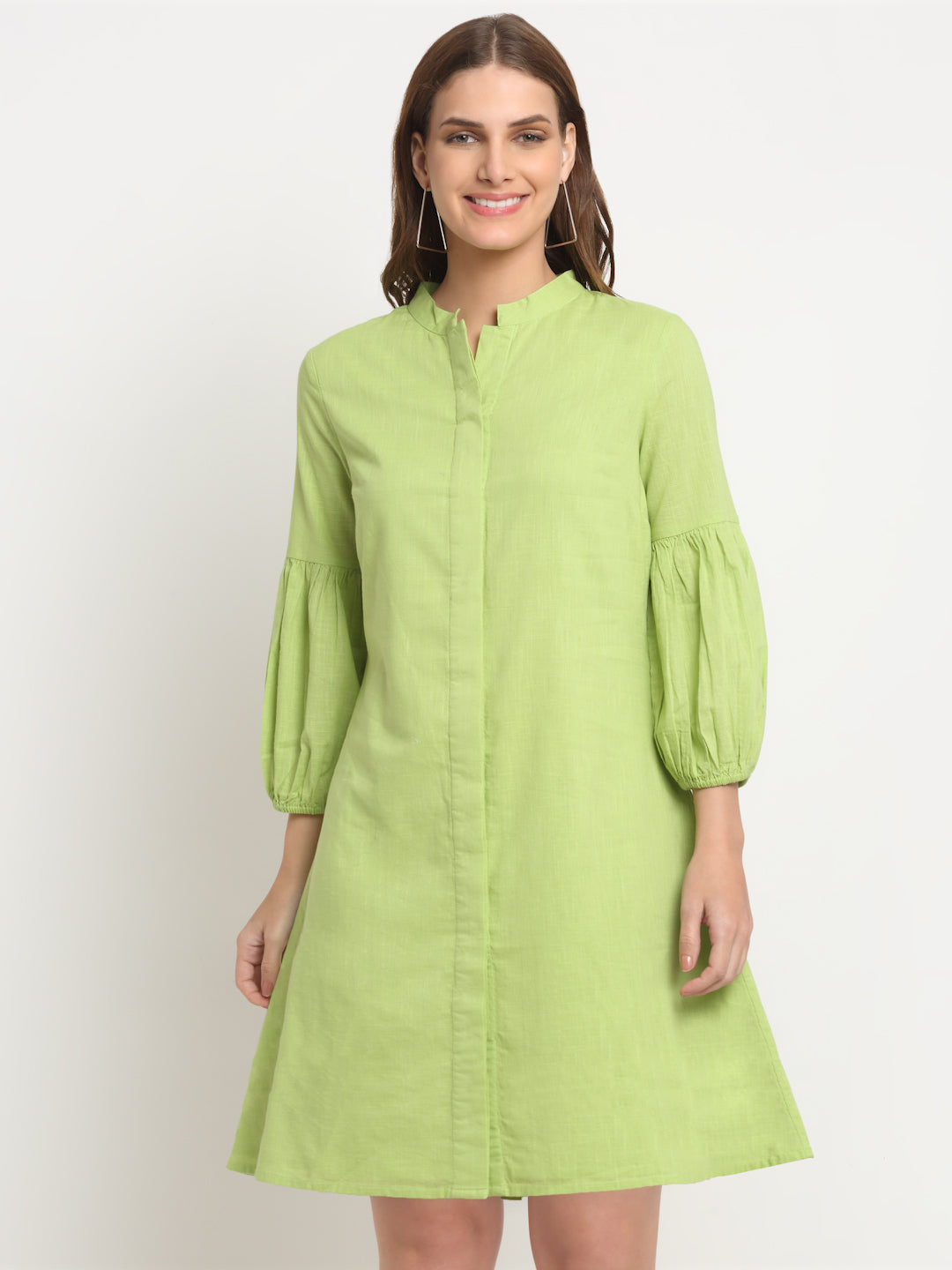 Green Cotton Slub Printed Calf Length Dress