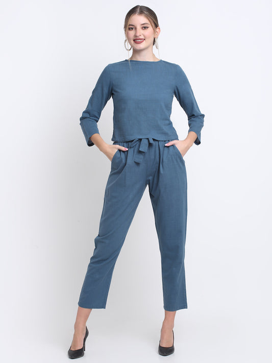 Teal Solid Cotton Linen Pant Set