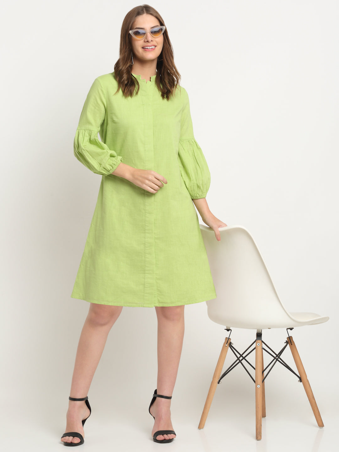 Green Cotton Slub Printed Calf Length Dress