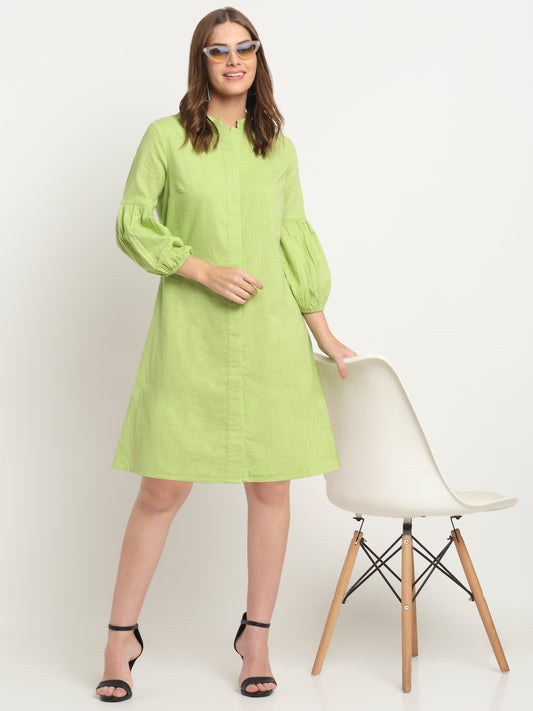 Green Cotton Slub Printed Calf Length Dress