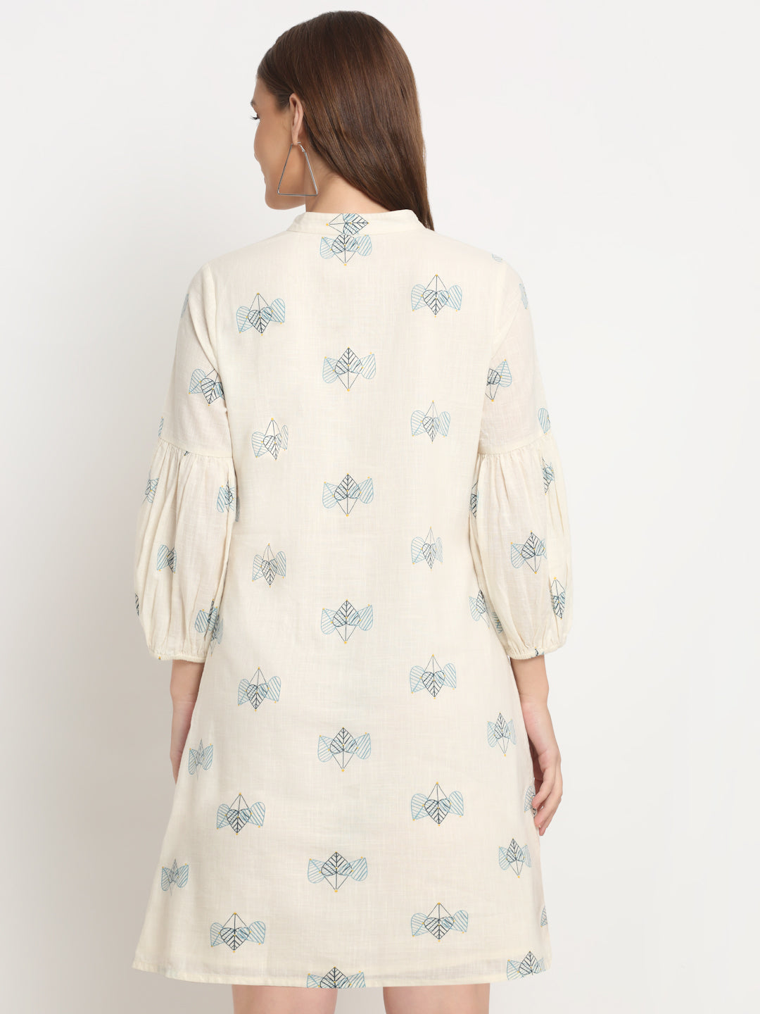 Ivory Printed Cotton Printed Calf Length Dress