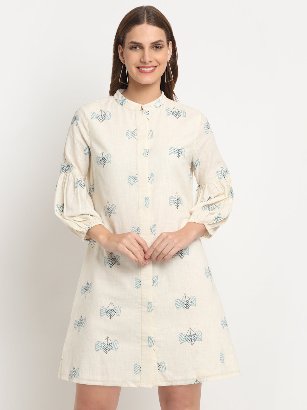 Ivory Printed Cotton Printed Calf Length Dress