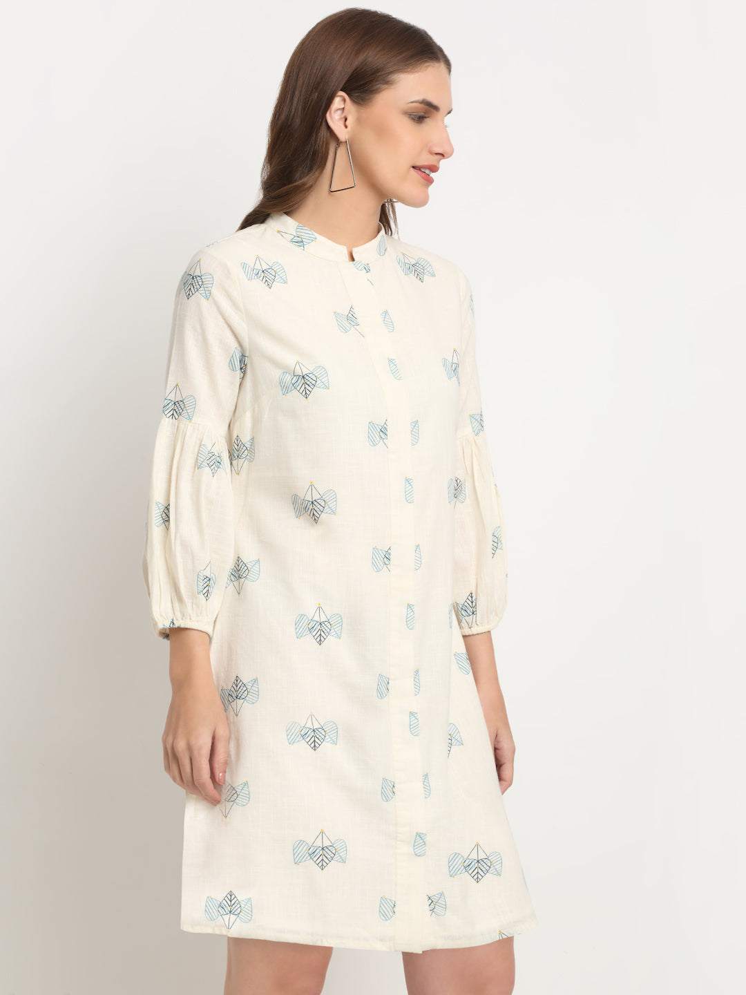 Ivory Printed Cotton Printed Calf Length Dress