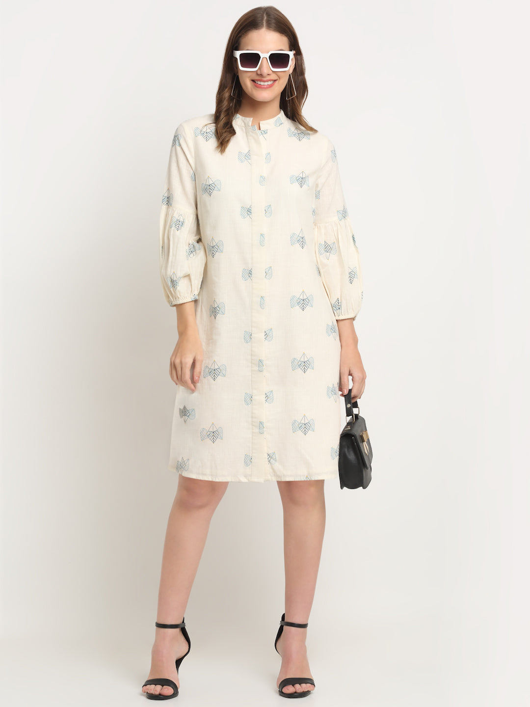 Ivory Printed Cotton Printed Calf Length Dress