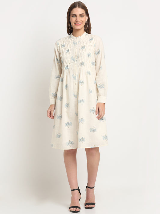 Ivory Printed Solid Cotton Linen Short Dress