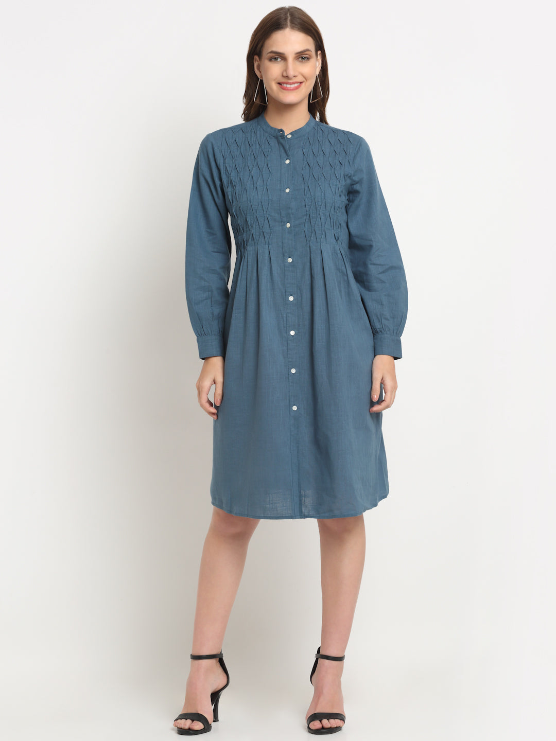 Teal Solid Cotton Linen Short Dress