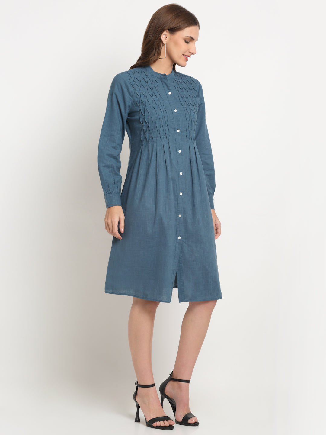 Teal Solid Cotton Linen Short Dress