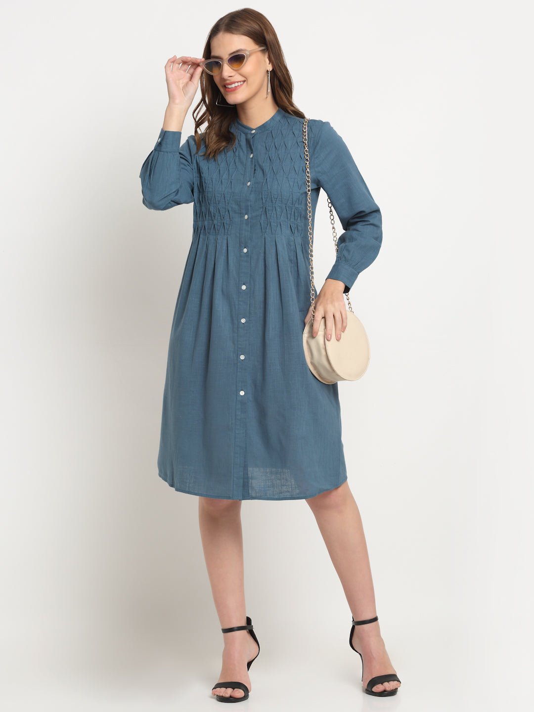 Teal Solid Cotton Linen Short Dress