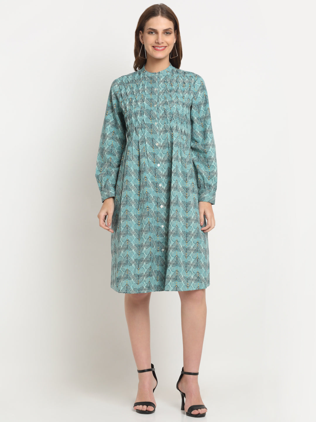 Aqua Printed Solid Cotton Linen Short Dress