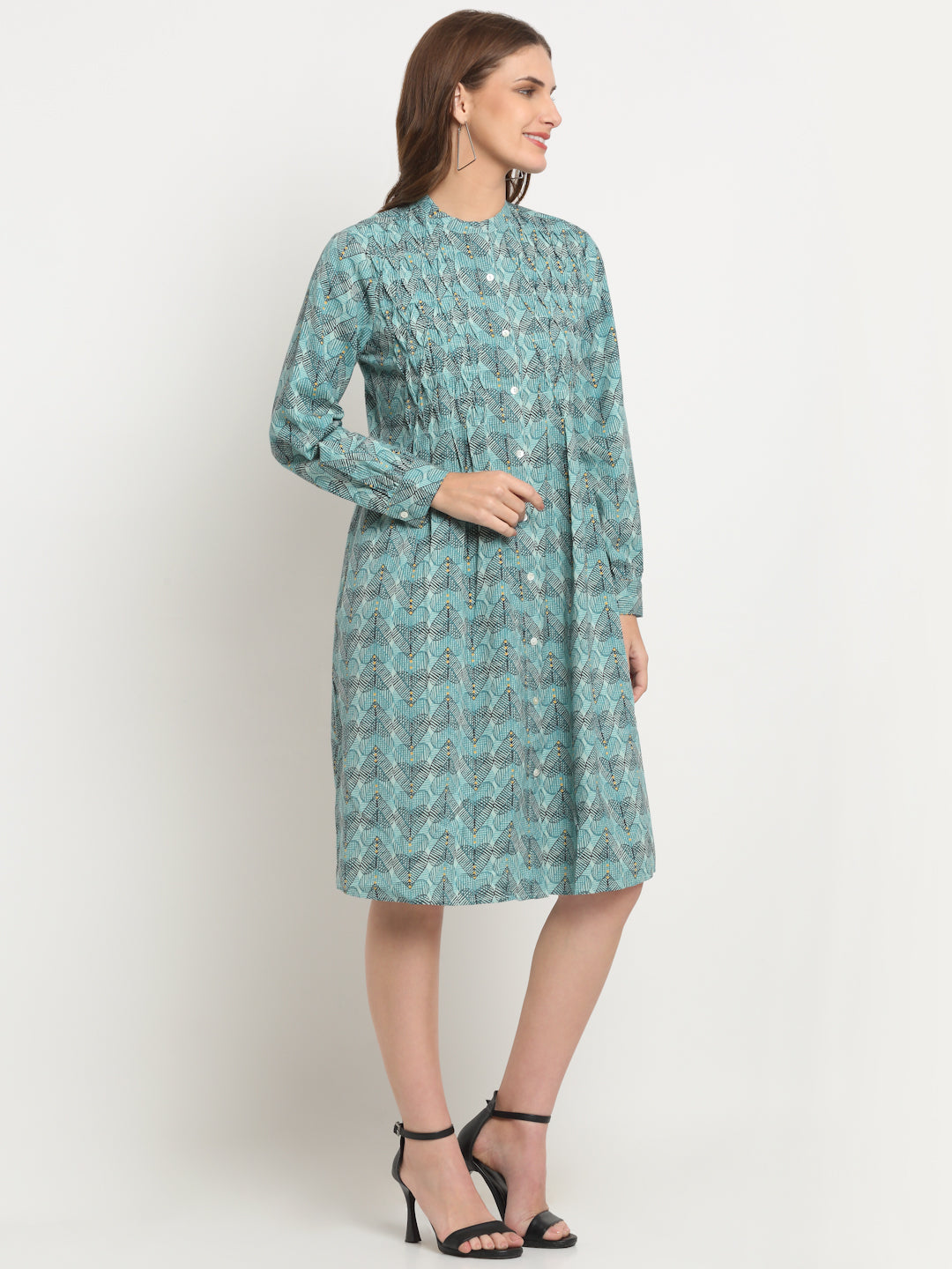 Aqua Printed Solid Cotton Linen Short Dress