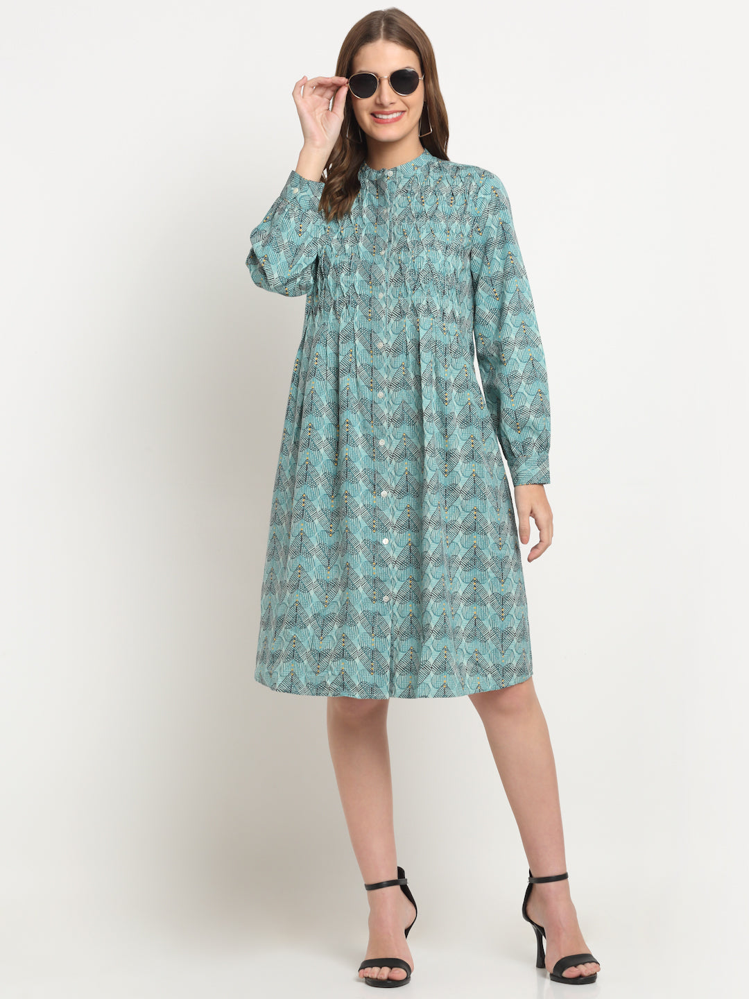 Aqua Printed Solid Cotton Linen Short Dress